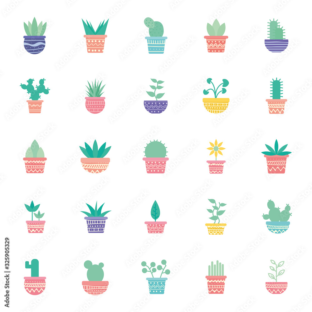 Isolated plants inside pots block gradient style icon set vector design