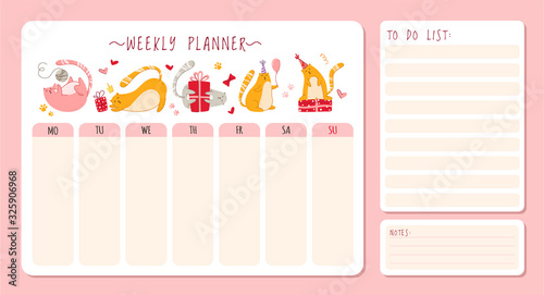 Cats birthday weekly or daily planner with notes and to do list. Personal stationery organizer for daily plans, schedule with flat cartoon pets or kittens on white - vector printable page template