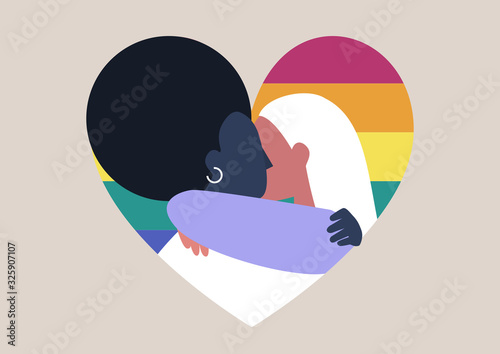 LGBT community, two female adults hugging on a rainbow heart background, love is love, human rights