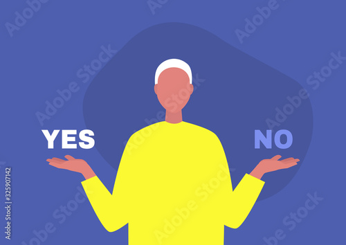 Yes or no, young male character answering a question, digital template, alternatives