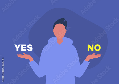 Yes or no, young male character answering a question, digital template, alternatives