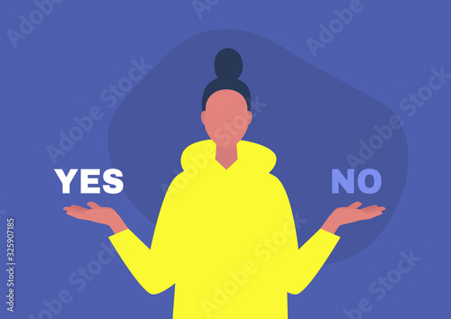 Yes or no, young female character answering a question, digital template, alternatives