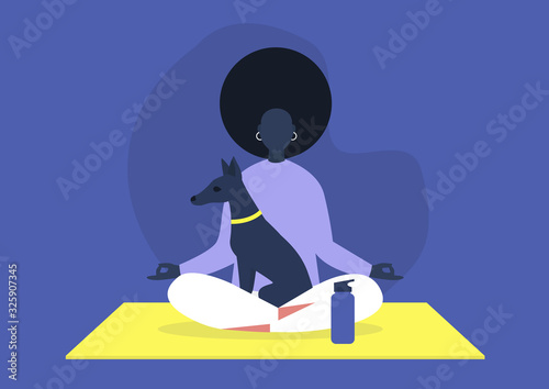 Doga  the practice of yoga as exercise with pet dogs  modern healthy lifestyle  young black female character sitting in lotus position with a puppy on their lap