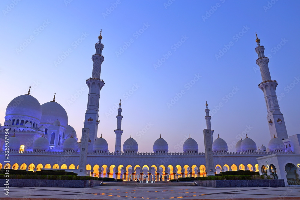 Abu Dhabi, United Arab Emirates- June 08, 2019: The Sheikh Zayed Grand Mosque Center SZGMC was established in year 2008, The largest mosque in the UAE