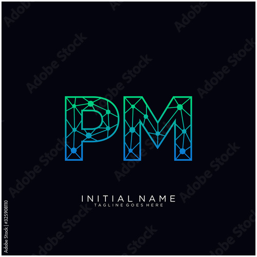 Letter PM abstract line art logo template.