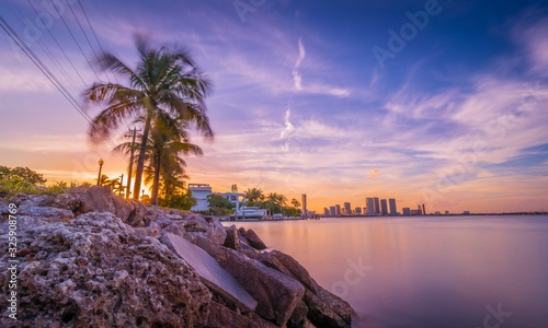 sunset miami beach tropical sea tree ocean sky buildings aquatic sun silhouette island coast sand palm summer dusk vacation