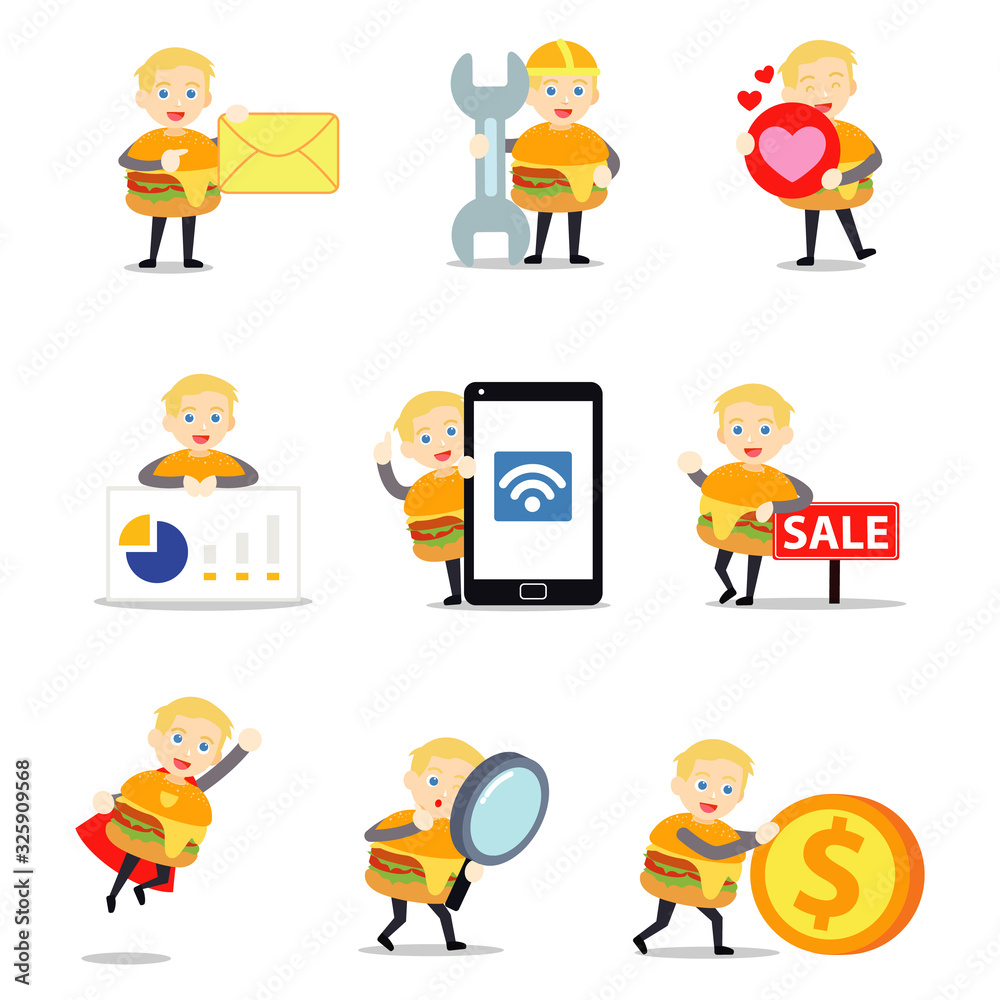 Set character of cheese burger man walking around the street as a fast food promoter. Set character of cheese burger man walking around the street as a fast food promoter.