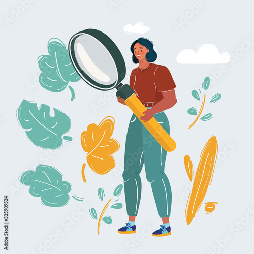Woman looking through a big magnifying glass