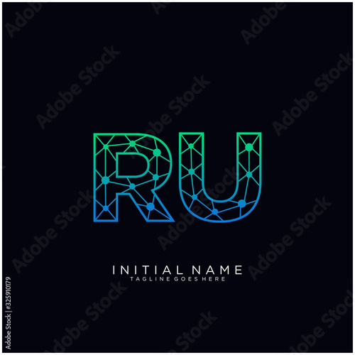 Letter RU abstract line art logo template.
