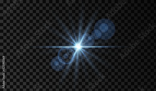Lens flare. Light glow effect. Blue sparkle and glare object. Isolated vector illustration on transparent background.