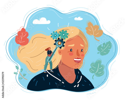 Woman holdig wrench to fix the brain