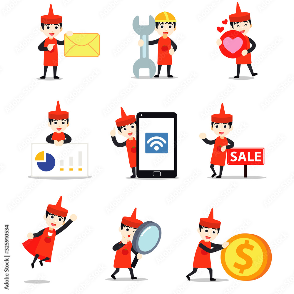 Set character of man give a tomato picture label in the ketchup bottle with. Set character of man give a tomato picture label in the ketchup bottle with.