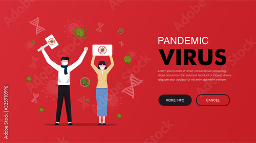 Chinese couple in protective mask holding stop coronavirus poster epidemic virus concept. Pandemic virus from wuhan threaten people lives of the world vector illustration
