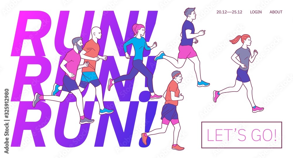 Runners group in motion. Running men and women sports background. People runner race, training to marathon, jogging and running illustration. Different gender and age marathon runners banner.
