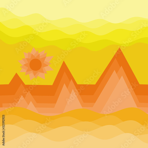 Desert wave and sun with sky background  landscape texture vector illustration and copy space.