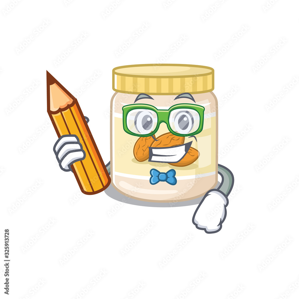 A smart Student almond butter character holding pencil