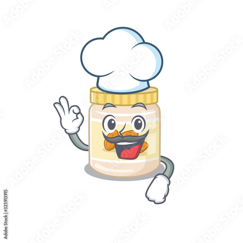 Almond butter cartoon character working as a chef and wearing white hat