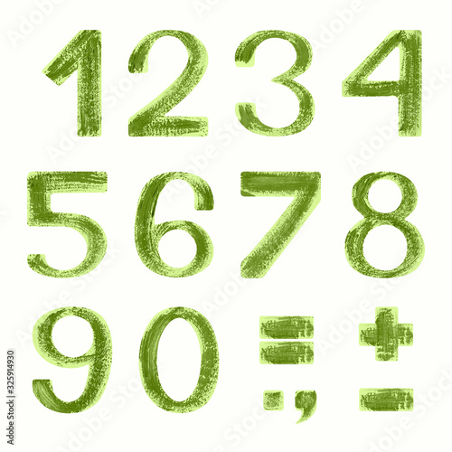 Hand painted green number on white background. Isolated on white background. Olive-green textured font. Hand-painted stock illustration. Eco, spring, summer font. Gouache, oil or acrylic technique.
