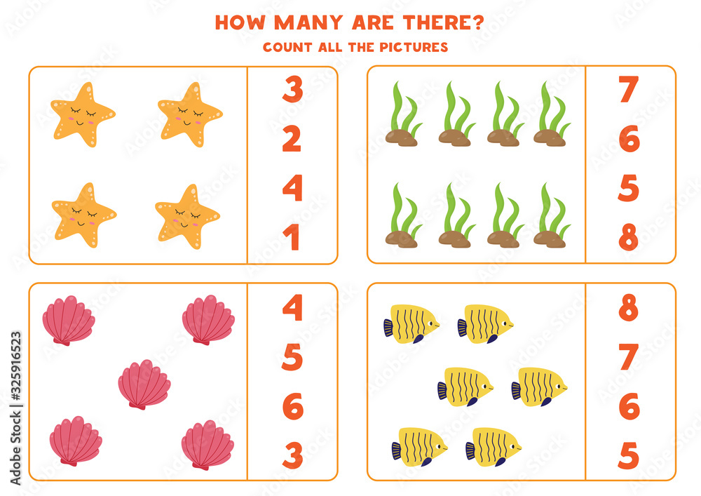 Counting game for kids. Count the amount of sea habitants.