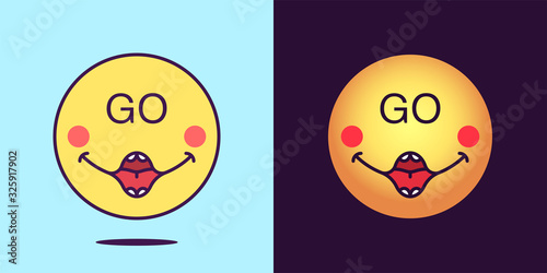 Emoji face icon with phrase Go. Emoticon with text Go. Set of cartoon faces, emotion icon for social media