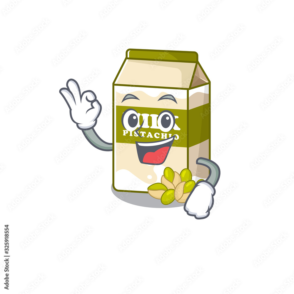A funny picture of pistachio milk making an Okay gesture