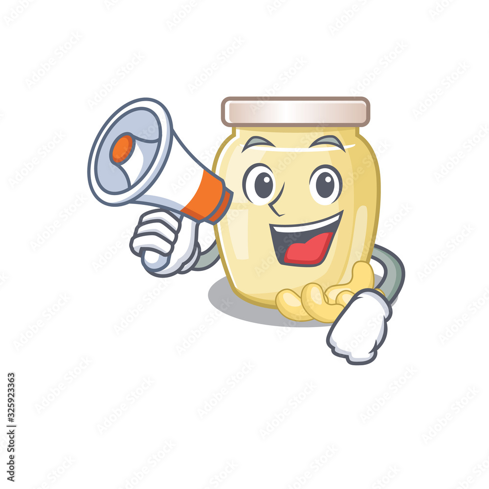 A mascot of cashew butter speaking on a megaphone