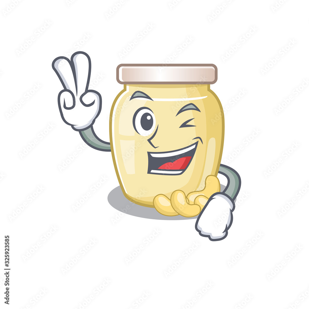 mascot of funny cashew butter cartoon Character with two fingers