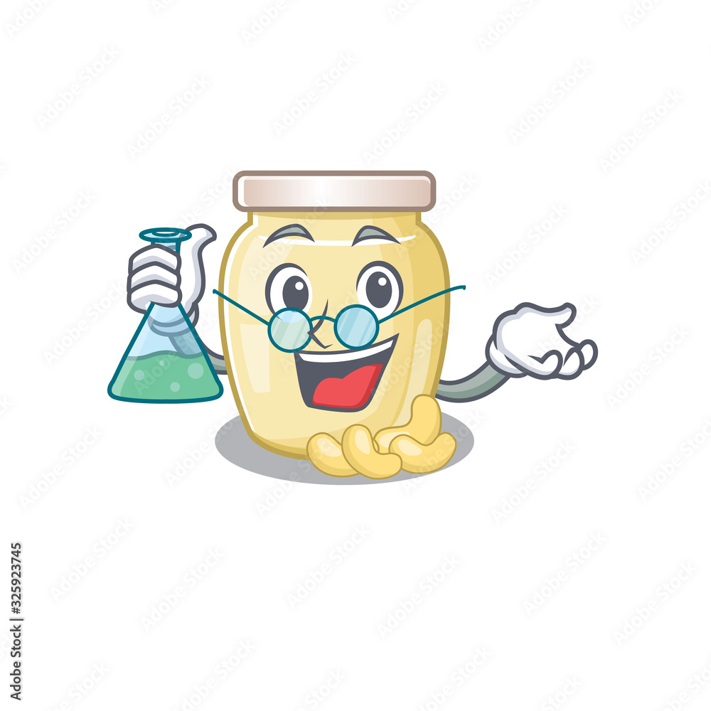 Cool cashew butter Professor cartoon character with glass tube
