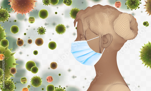 3D female portrait in a medical mask against the background of bacteria, viruses, spores and dust.