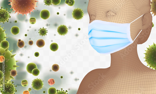 3D female portrait in a medical mask against the background of bacteria, viruses, spores and dust.