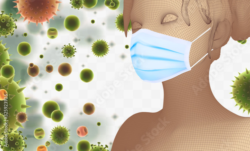 3D female portrait in a medical mask against the background of bacteria, viruses, spores and dust.