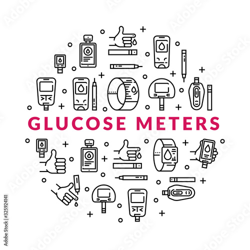 Diabetes blood glucose meter linear icons set