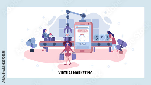 Digital marketing and product assembly and packaging line. Online shopping, retail automation technology, business online by mobile phone. Vector web site design template. Website concept illustration