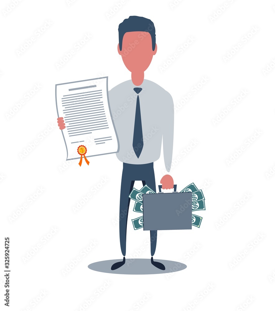 Businessman or clerk. Male character in trendy simple style with objects, flat vector illustration. Business concept. Isolated on white background. Businessman or clerk. Male character in trendy simple style with objects, flat vector illustration. Business concept. Isolated on white background.