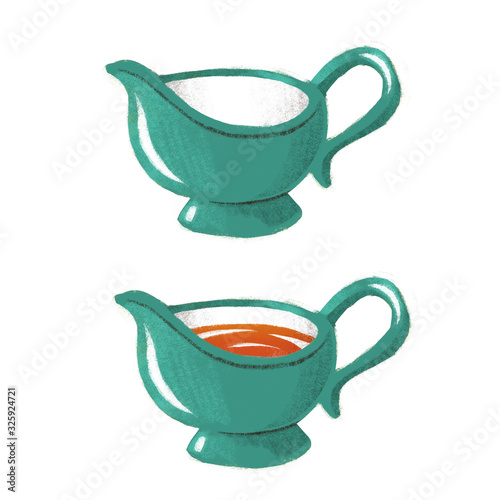 Set of vintage gravy boat with sauce. Empty, full. Collection of textured illustration. Isolated on white background
