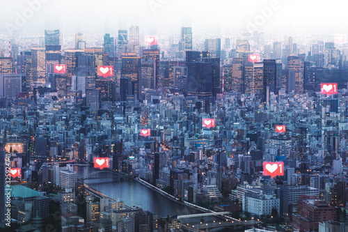 Photography Heart icon on Tokyo cityscaped.