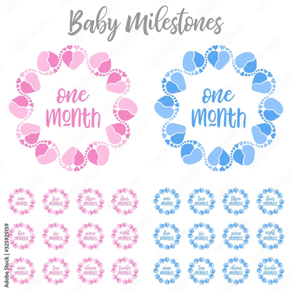 Baby milestones with baby feet and heart vector illustration