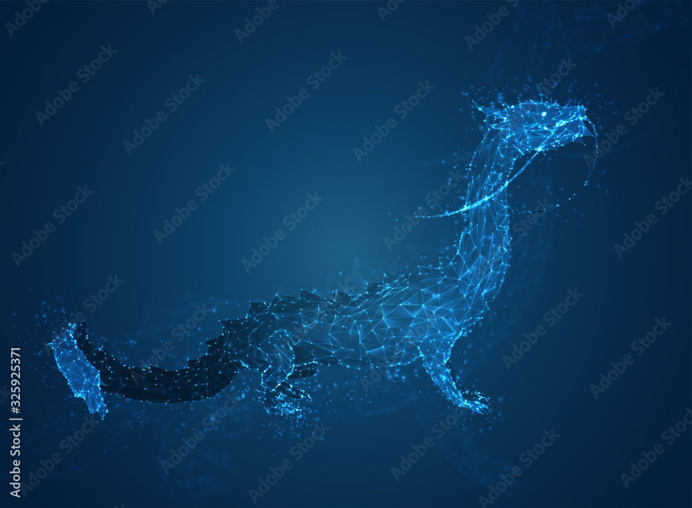 vector long dragon snake on a deep dark blue background in the style of triangular polygons and glowing crystals