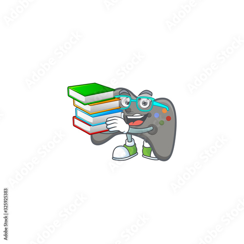 A brainy clever cartoon character of black joystick studying with some books