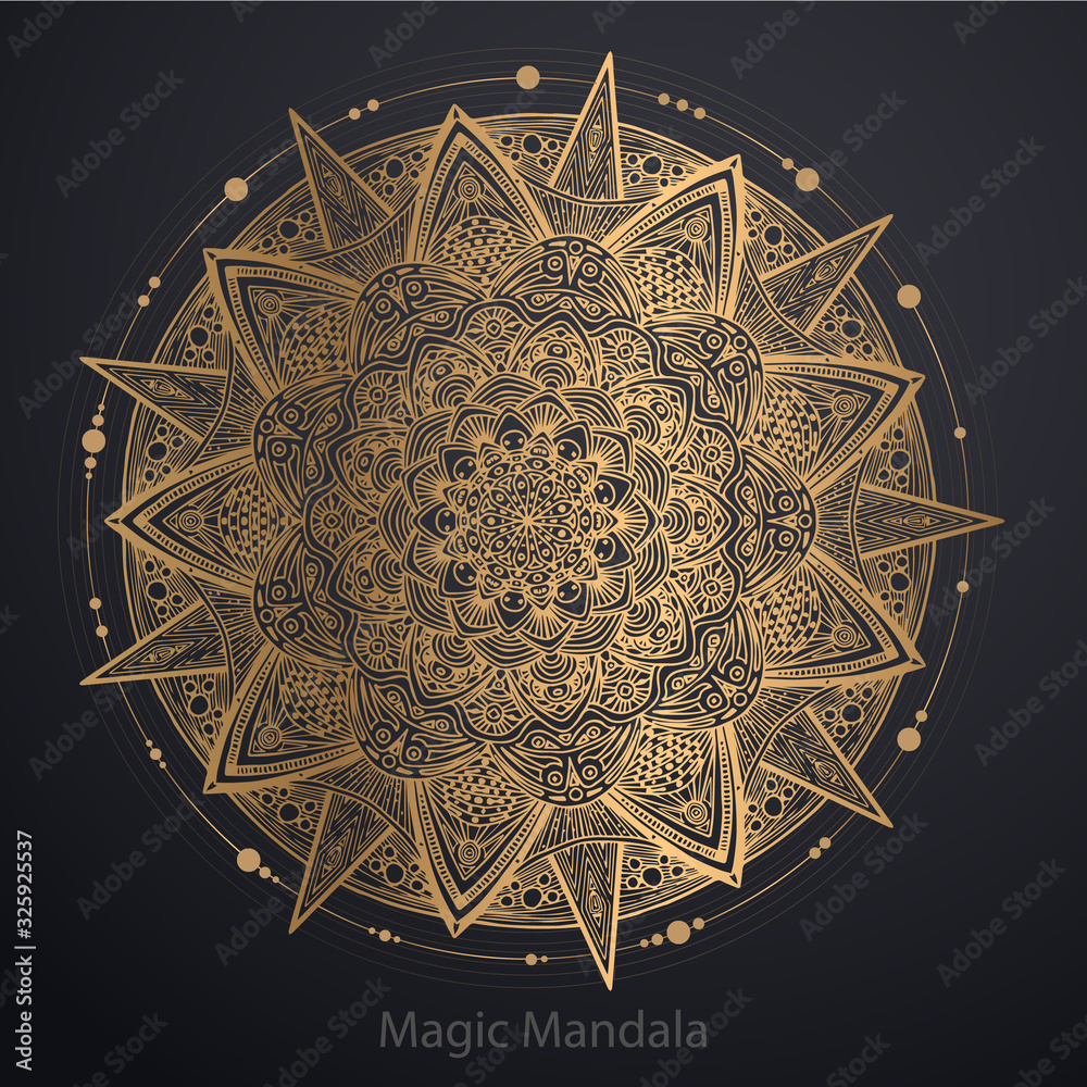 Fototapeta Gold mandala on black background. Ethnic pattern.