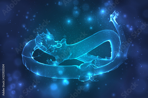 vector long dragon snake on a deep dark blue background in square 3D polygon style