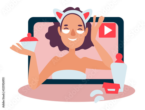 Beauty blog, girl blogger showing skincare tutorial, isolated icon