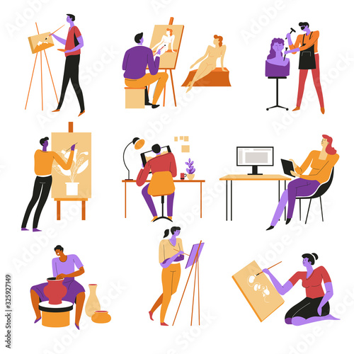 Painters or artists, writer and potter, sculptor isolated icons