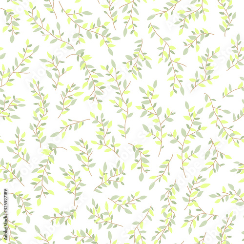 Seamless pattern of tree branches with small green leaves intertwined in an ornament on a dark background. Bright  juicy summer background.