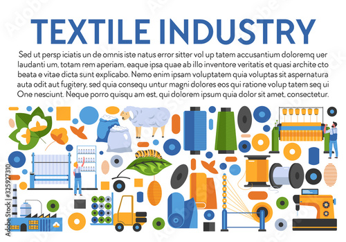 Textile industry banner with icons collection and text