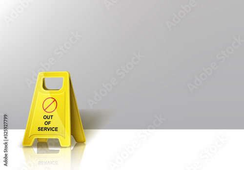 Caution yellow warning sign with out of service inscription stand on white floor front of empty grey wall background, banner for broken lifts or elevators in hall, realistic 3d vector illustration
