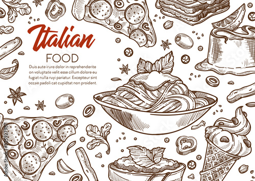 Italian food banner template with traditional dishes hand drawn sketches