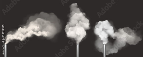 Chimneys with smoke, pipes with steam set. Industrial smog white clouds, factory or plant flues isolated on black background, environmental air pollution concept, Realistic 3d vector illustration