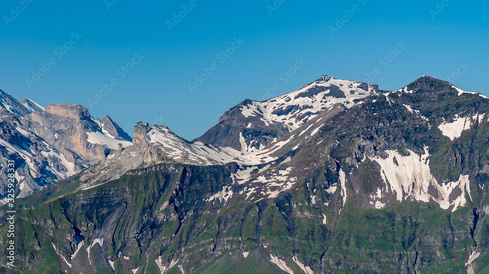 Switzerland, Panoramic view on Schilthorn, Birg and green Alps around Mannlichen