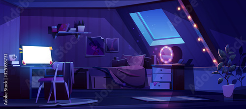Girl bedroom interior on attic at night. Vector cartoon mansard teenager room with unmade bed, glowing computer screen, moonlight from window in roof and lamps